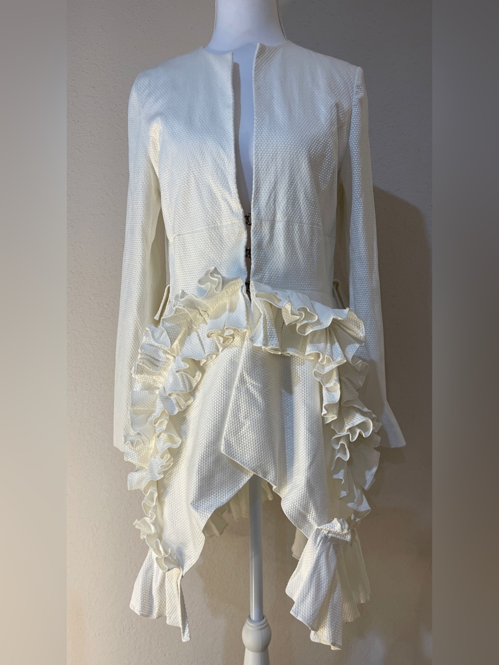 Kika Vargas Ivory Textured Ruffle Blazer Jacket